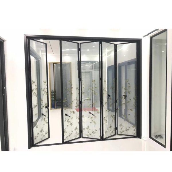 WDMA Black Color Corner Vertical Aluminum Interior Fiber Glass Bifold Stacking Doors