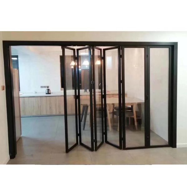 China WDMA Black Color Corner Vertical Aluminum Interior Fiber Glass Bifold Stacking Doors