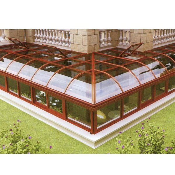 China WDMA Customized Curved Glass Sunrooms With Triangle Roof garden House Grey Color