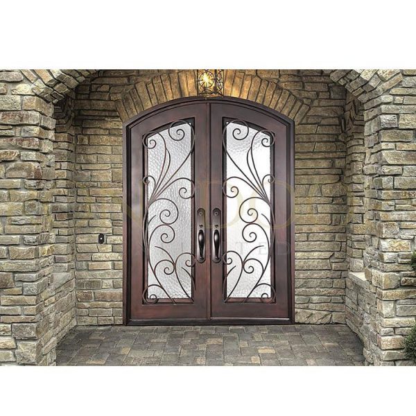 China WDMA Luxury Arch Design Rustic Wrought Cast Iron Glass Entrance Door Gate For Garage