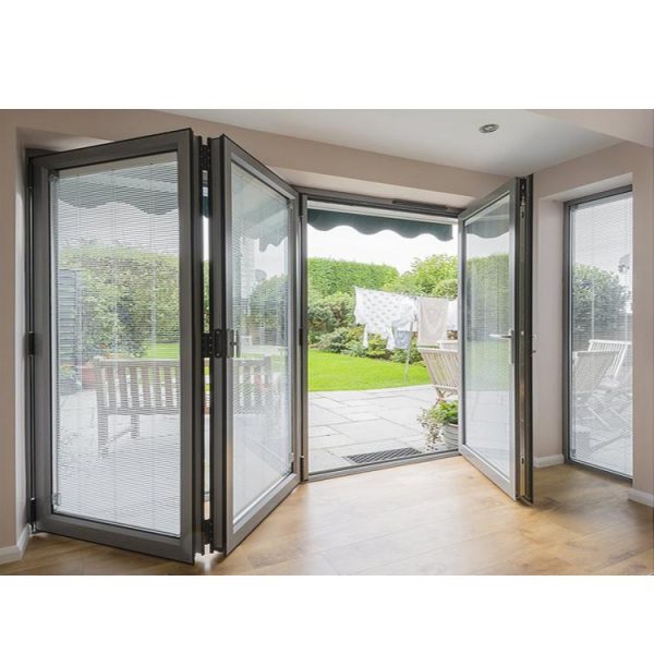 WDMA Nfrc Canada Standard Commercial Powder Coating Aluminum Glass Bi Fold Door With Insert Blinds And Grids